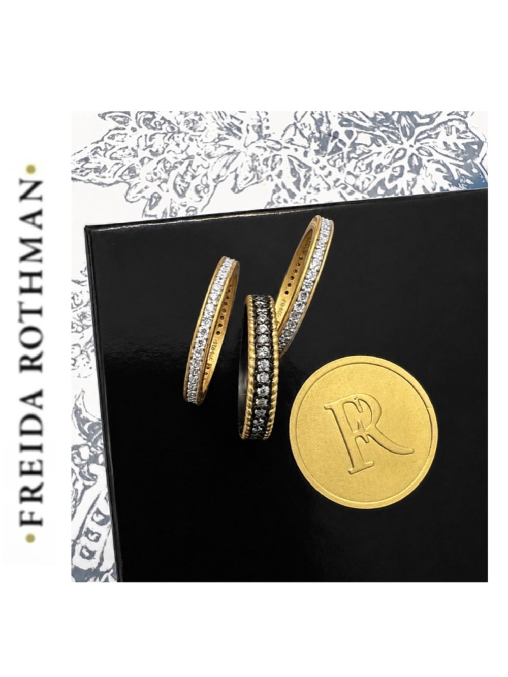 Freida Rothman (3) 925 Sterling Silver over Gold & CZ Mixed Medal Stacking Rings